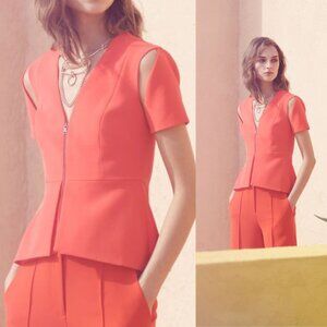 NWT! BCBGMAXAZRIA - Haven Zip-Front Peplum Cut-Out Blouse | Large | Poppy Red